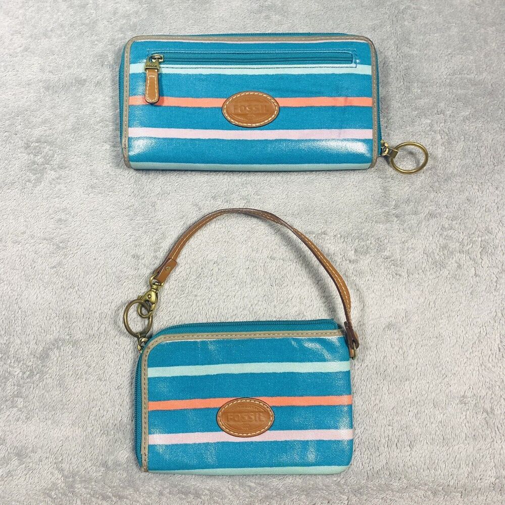 Fossil Combo Set Striped Wallet And Card Wristlet Wallet Womens